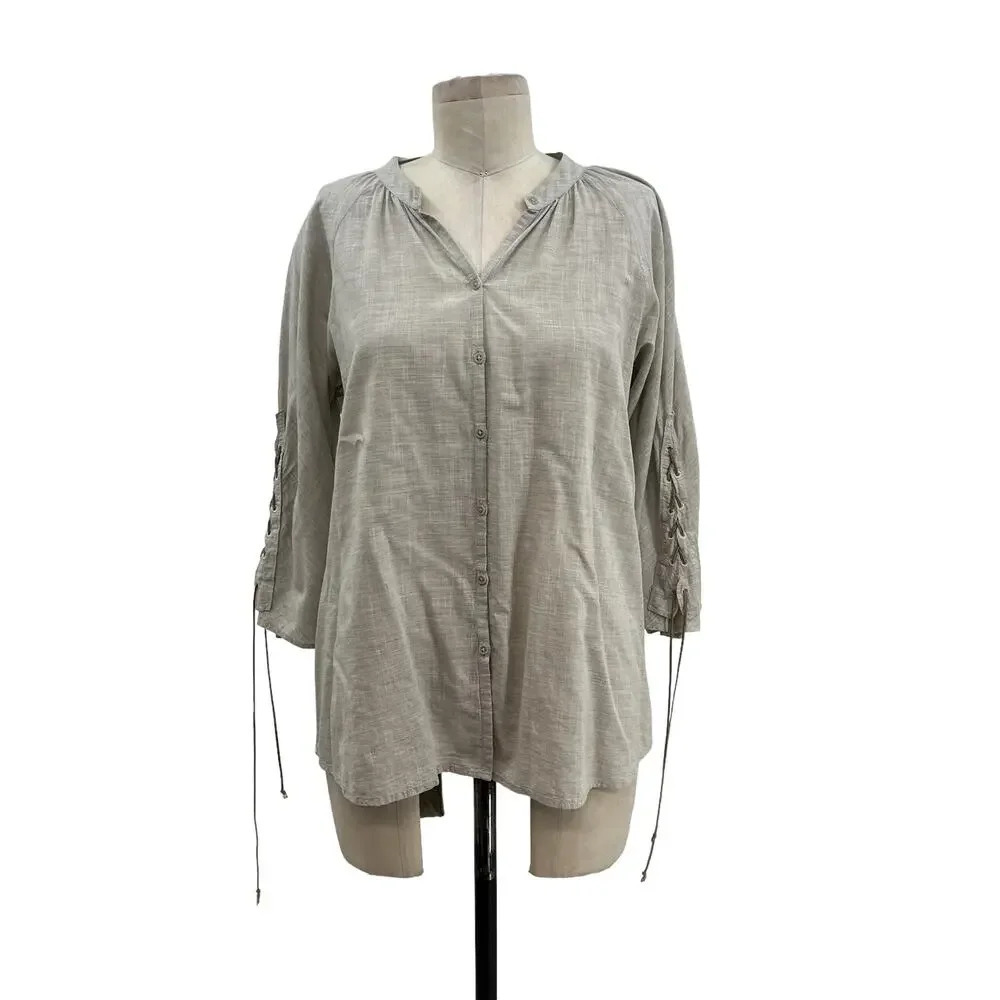 Sibel Saral Gray Beige Lace-Up Sleeve Button‎ Front Top Size Small